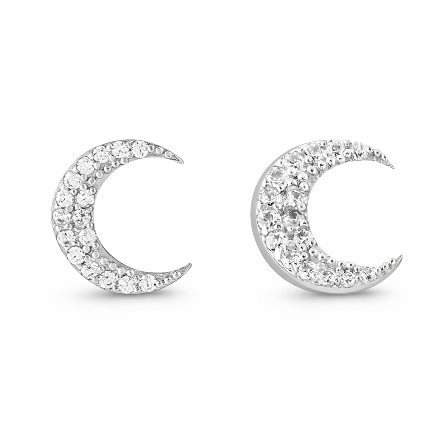Boucles d'oreilles Lune clous en or blanc 10 kt avec zircons