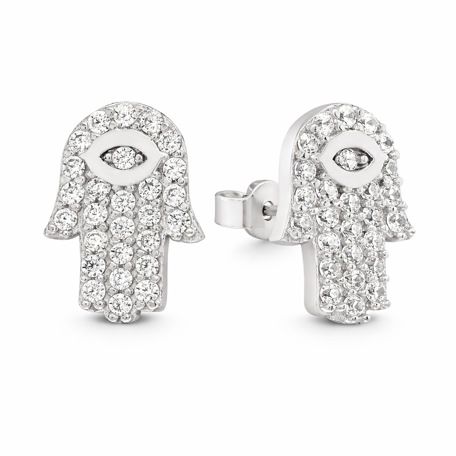 Boucles d'oreilles Hamsa clous en or blanc 10 kt avec