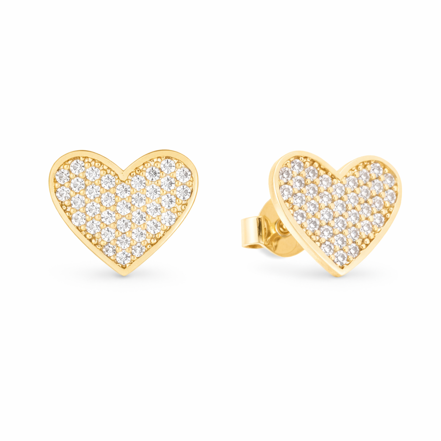 Boucles d'oreilles cœur clous en or jaune 10 kt avec zircons