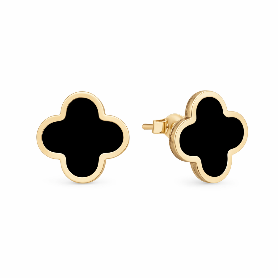 Boucles d'oreilles Trèfle noir clous en or jaune 10 kt
