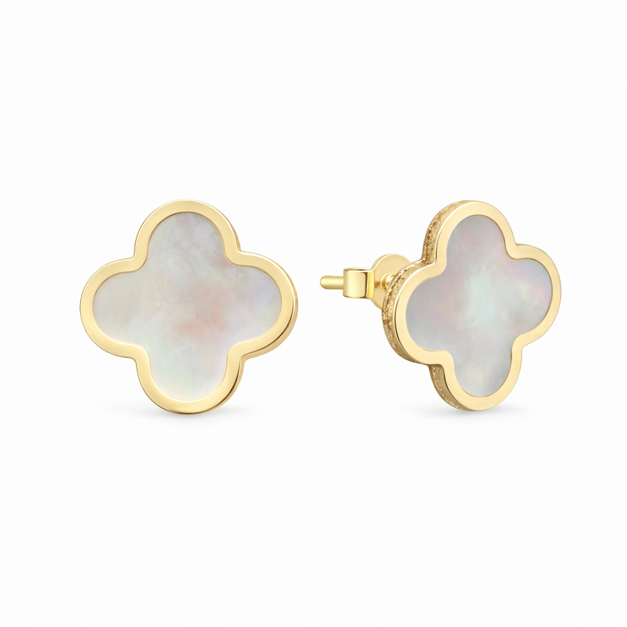 Boucles d'oreilles Trèfle nacre de perle clous en or jaune