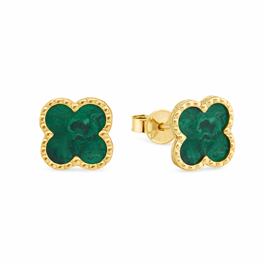 Boucles d'oreilles Trèfle malachite clous en or jaune 10 kt