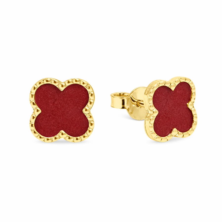 Boucles d'oreilles Trèfle rouge clous en or jaune 10 kt