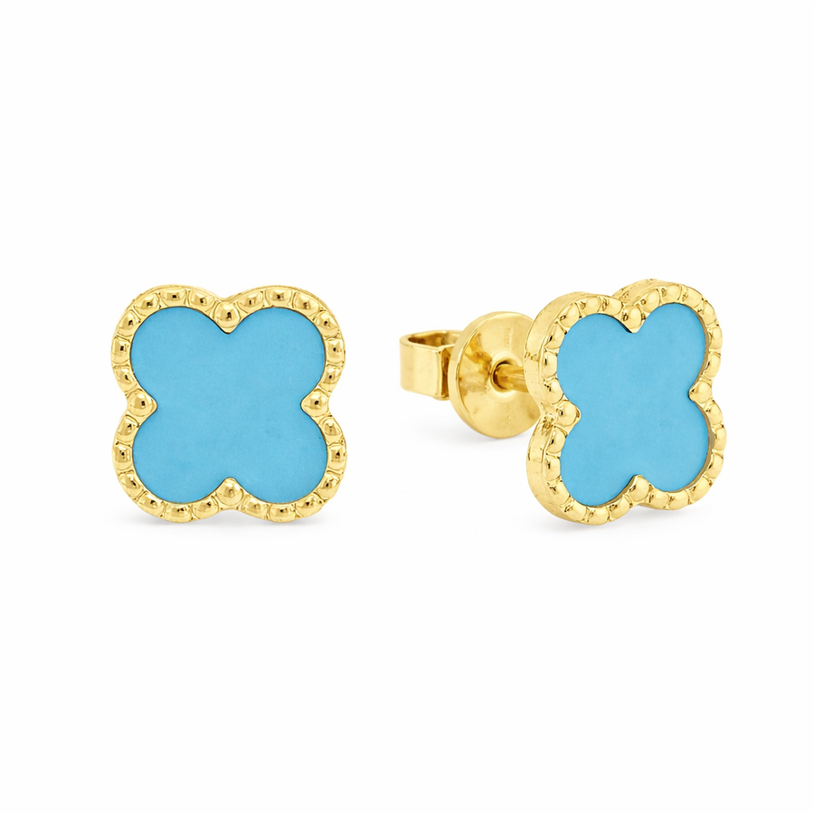Boucles d'oreilles Trèfle turquoise clous en or jaune 10 kt