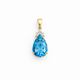 Pendentif Topaz Bleu en Or 14 kt 2 tons avec diamants