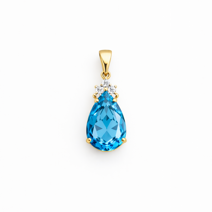 Pendentif Topaz Bleu en Or 14 kt 2 tons avec diamants